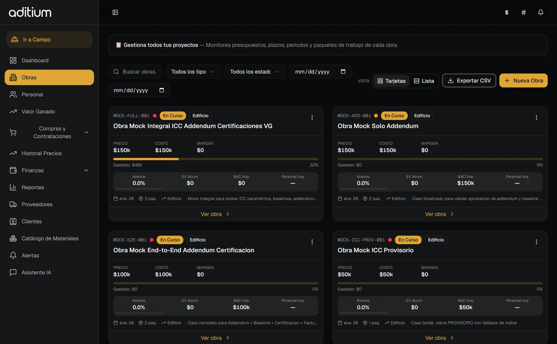 Obras. El listado de proyectos con su estado, tal como lo recibe una empresa el primer día: el esquema completo y todavía sin datos cargados.
