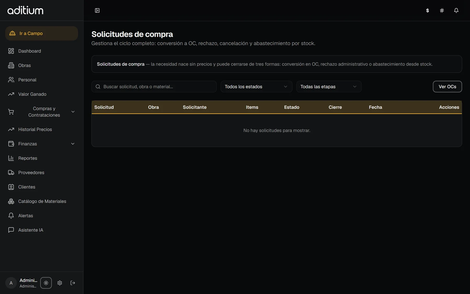 Solicitudes de compra. La cola por la que entra todo lo que se pide en obra, con sus filtros y sus estados.