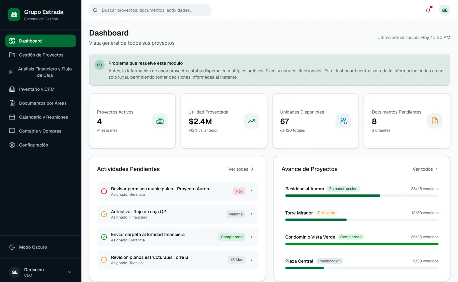 Panel de la desarrolladora. Proyectos activos, utilidad proyectada, unidades disponibles y documentos pendientes; abajo, las actividades del equipo y el avance de cada proyecto.
