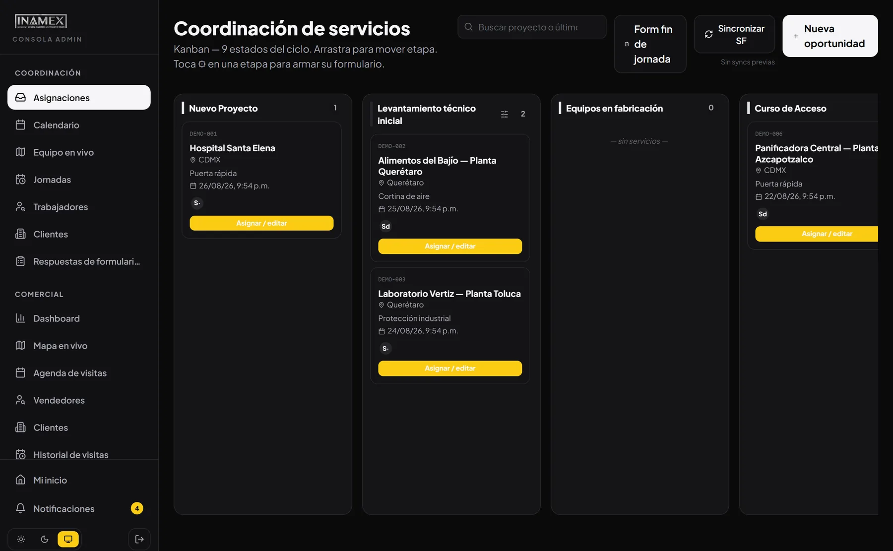 Tablero de coordinación. Los servicios repartidos en las nueve etapas del ciclo, con su cliente, su producto, su fecha y su cuadrilla asignada. Se arrastra una tarjeta para mover la etapa.