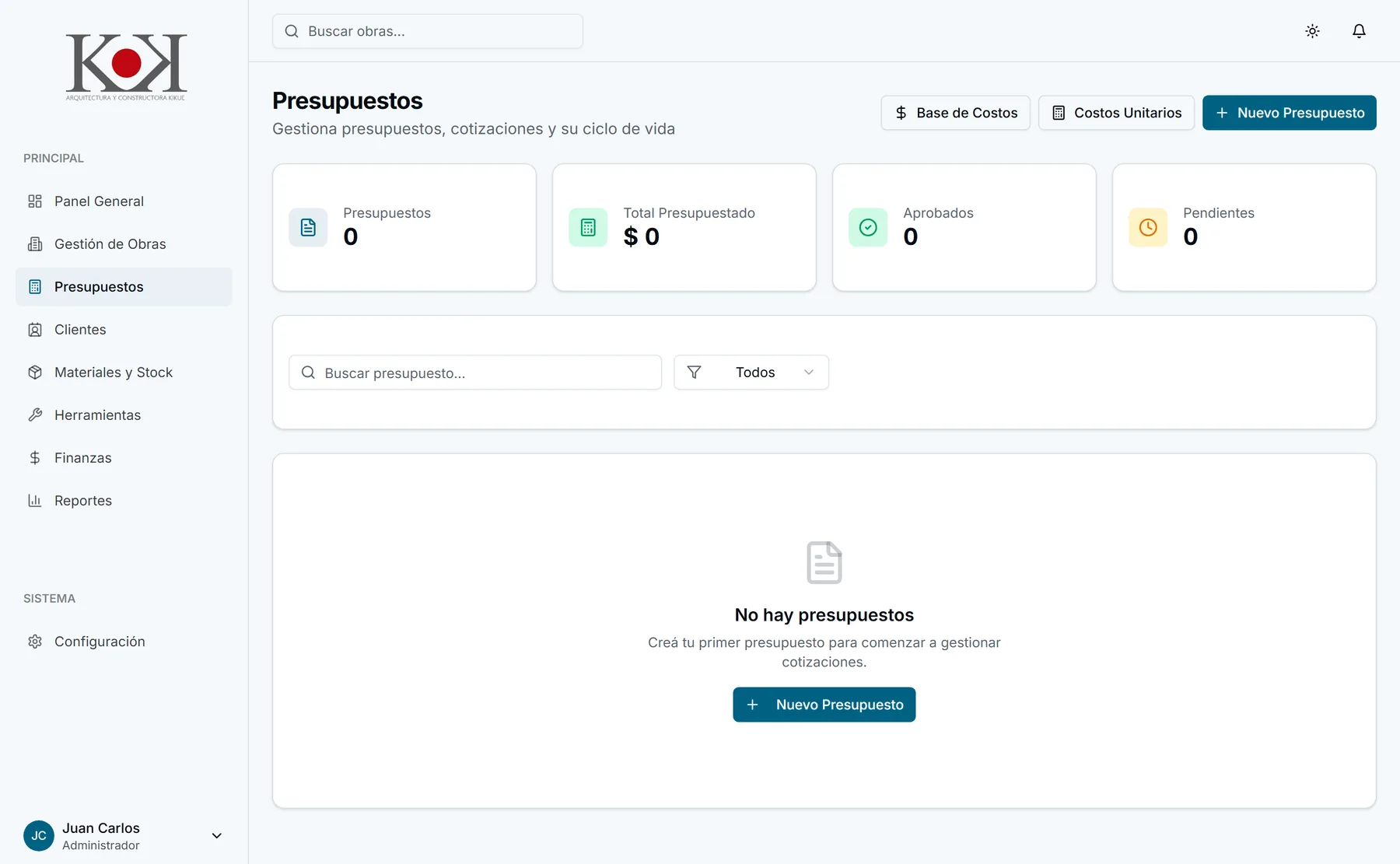 Presupuestos. El listado con su estado y su versión, armado sobre la base de costos propia de la empresa.