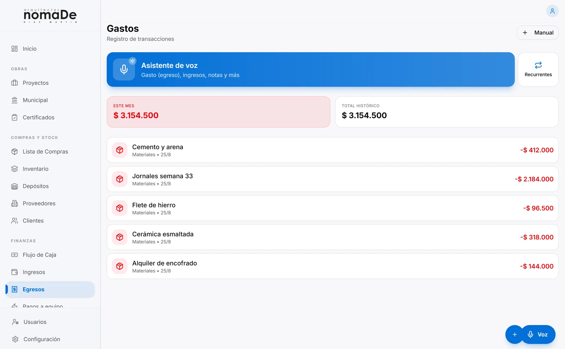 Gastos. Cada movimiento con su categoría y su obra — sea que se cargó desde la consola o dictándolo en el frente.