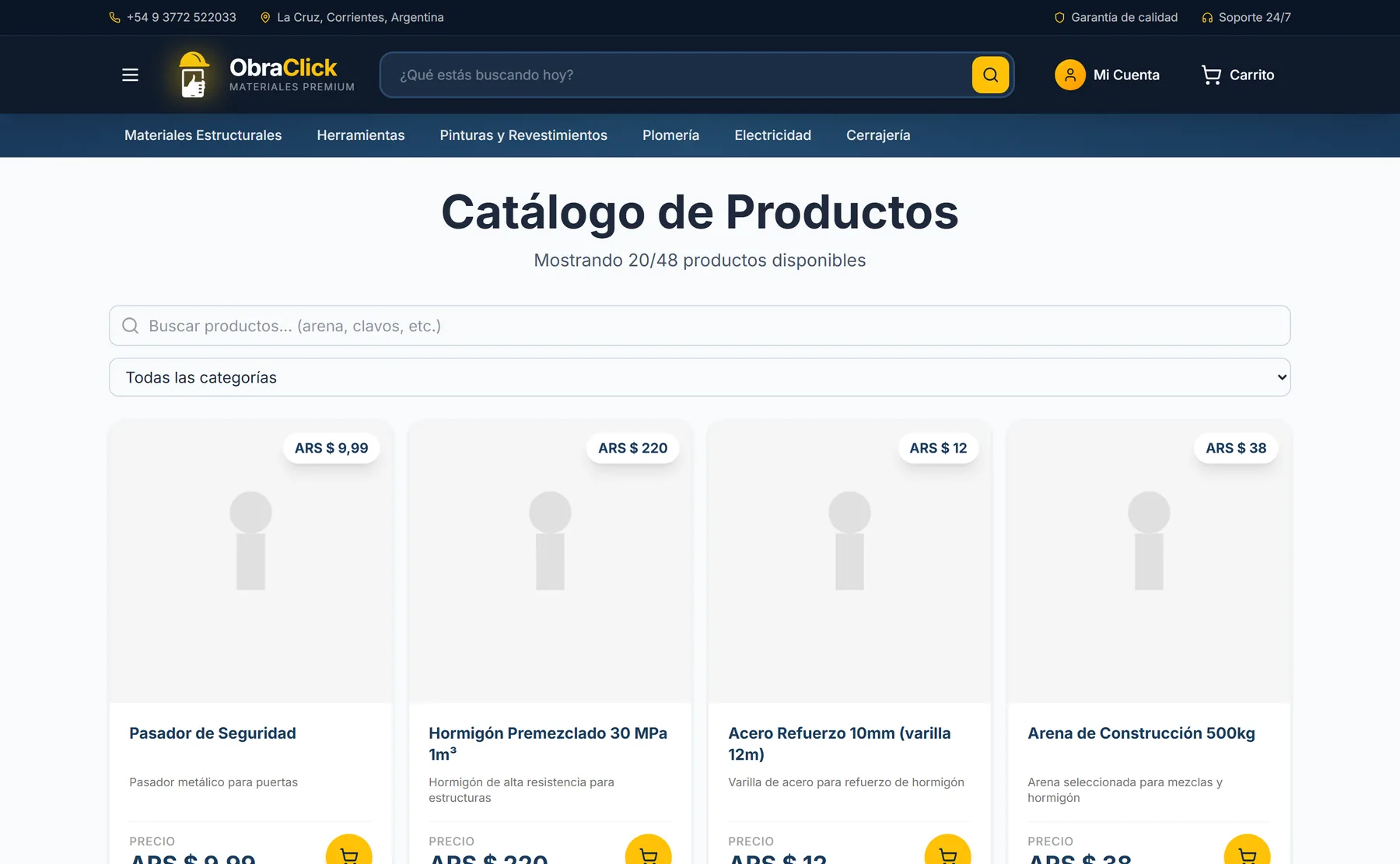 El catálogo. Lo que el profesional recorre para armar el pedido de la obra de su cliente, con especificaciones y plazos por proveedor.