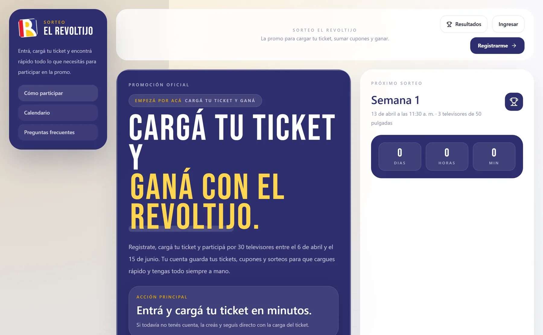 La cara pública. Por donde entra el participante a cargar su ticket y a mirar sus cupones.